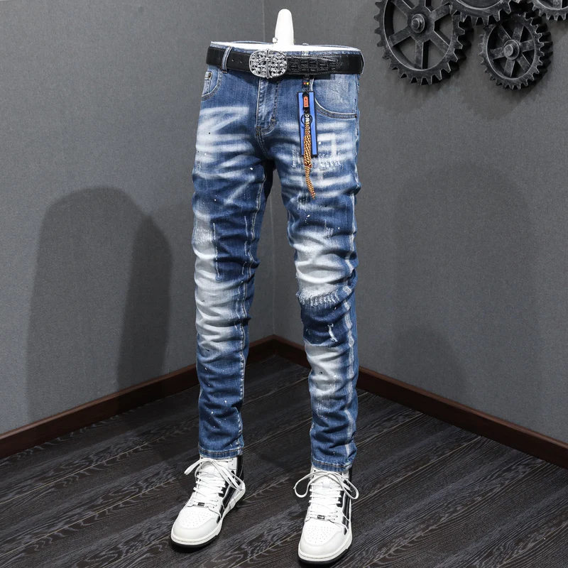 High Street Fashion Men Jeans Retro Blue Elastic Slim Fit Ripped Jeans Men Vintage Designer Stretch Casual Denim Pants Hombre