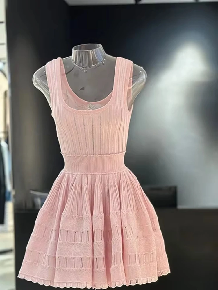 Paris Luxury Brand Design Women Elegant Dress Sexy Casual Street Party Sleeveless Solid Color Hollow Out Chic Lady Mini Dresses 2