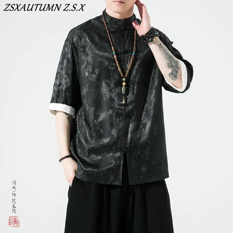 Summer Ice Silk Short-sleeved Shirt for Men Chinese Style Tang Suit Dragon Robe Youth Retro Men's Shirt Large Size Casual Tops