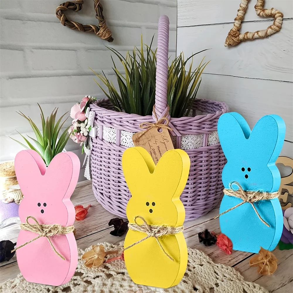 3Pcs Easter Wooden Sign Pink Blue Yellow Easter Bunny Wooden Table Centerpieces with Jute Rope Freestanding Rabbit Decoration