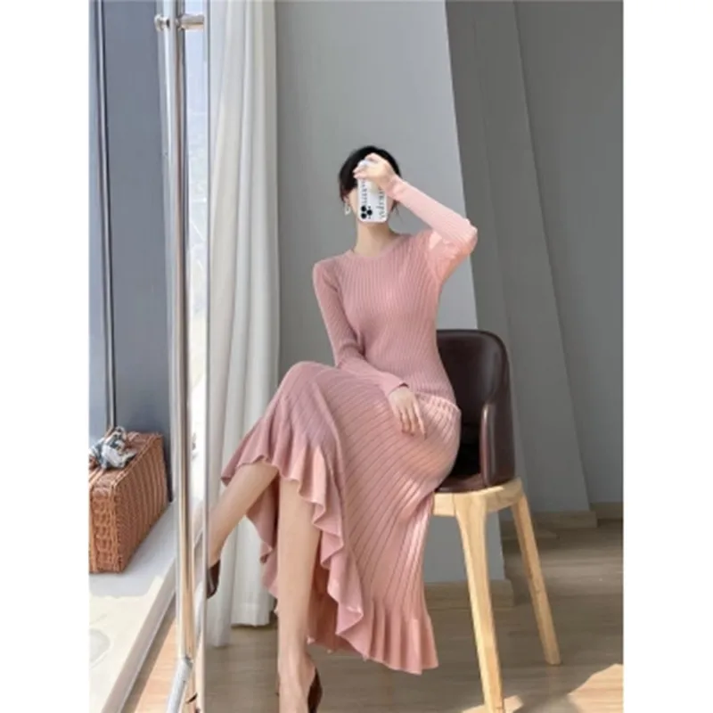 

DALMAZZO 2022 New Arrival Autumn Winter Long Sleeve Slim Knitted Mermaid Dresses Women Korean Bottoming Sweater Long Dress Mujer