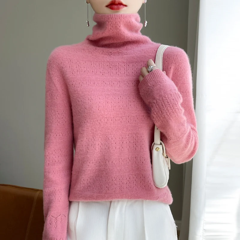 

Winter Warm Soft Polychrome Sweater Women's Jumper 2023 100% Merino Wool High-Collar Sweaters Women Knitted Pullover Top