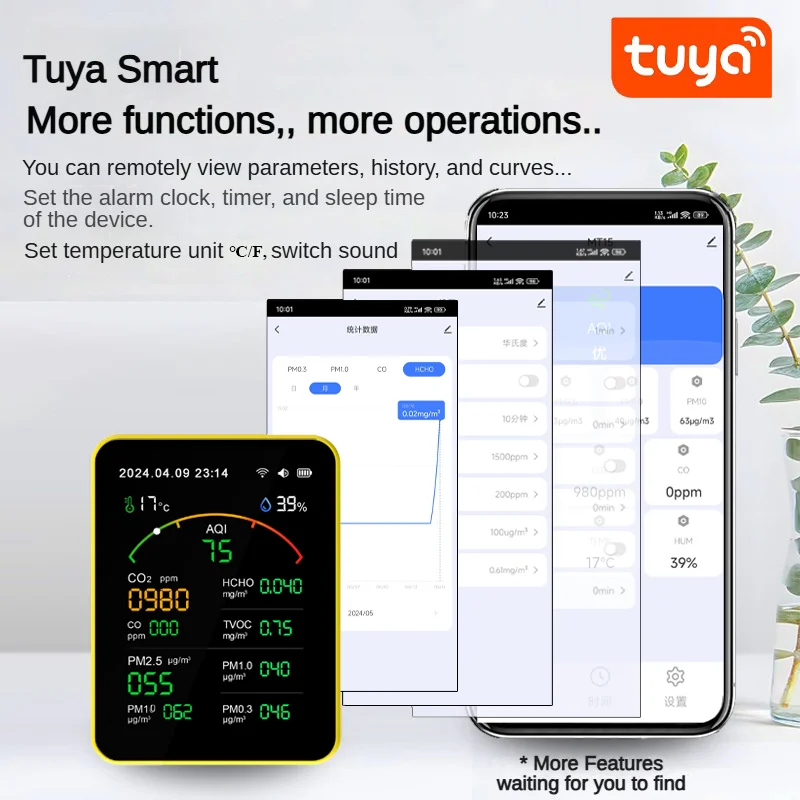 Monitor qualità dell'aria, misuratore di qualità dell'aria 13 in 1, tester di temperatura e umidità TVOC con display TFT a colori, controllo intelligente APP per Tuya, bianco