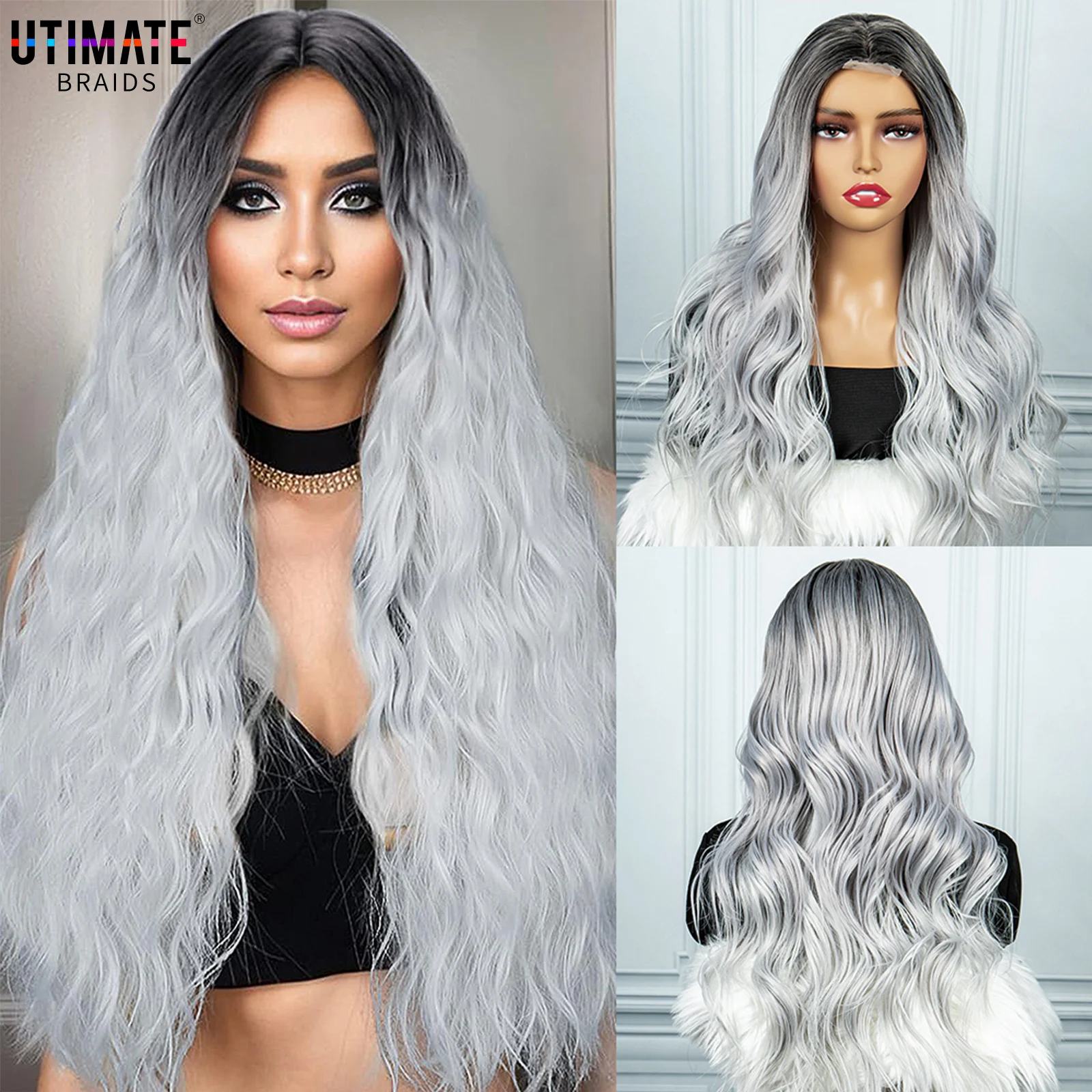 

26inches Long Wavy Synthetic Hair Wig Silver Gray Natural Synthetic Lace Front Wig 4X2 Black White Women Daily Party Wear Hair