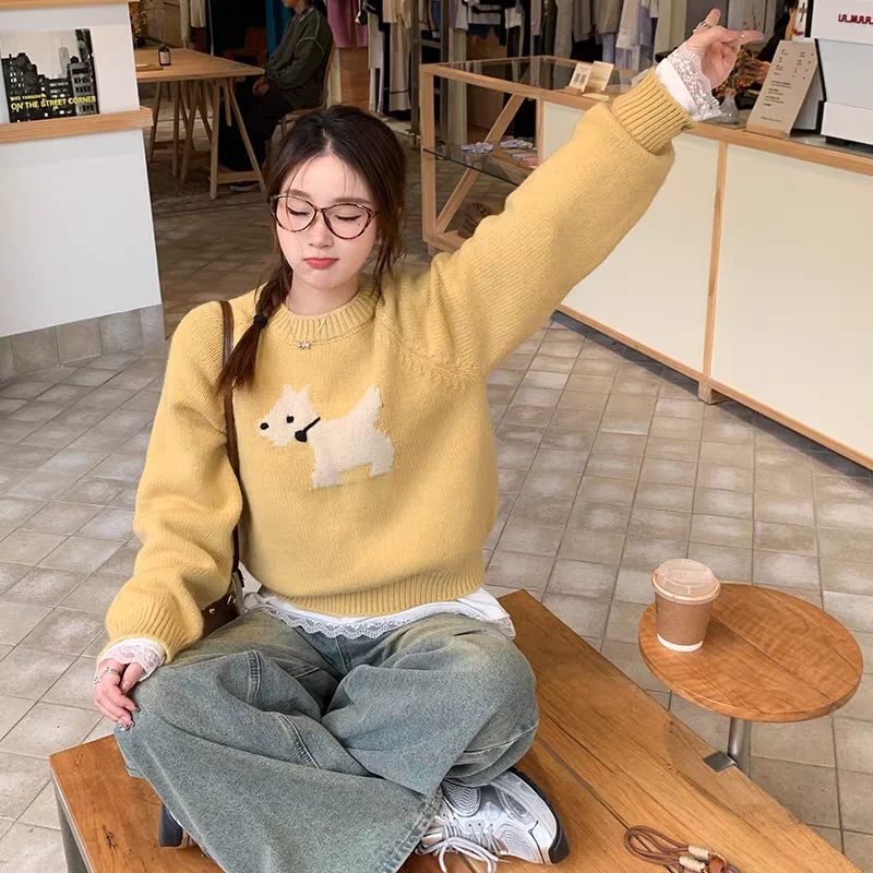 New Autumn and Winter Round Neck Long-sleeved Puppy Sweater Women's Fashion Casual Pullover Knitted Sweater Top