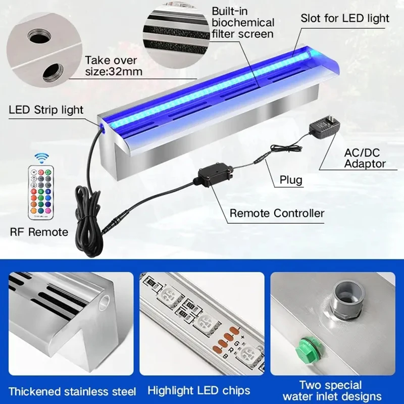 60/90/120cm Waterfall Blade Spillway Stainless steel Fountain Spa Water Descent RGB Wall Mounted Decorative Colorful 3
