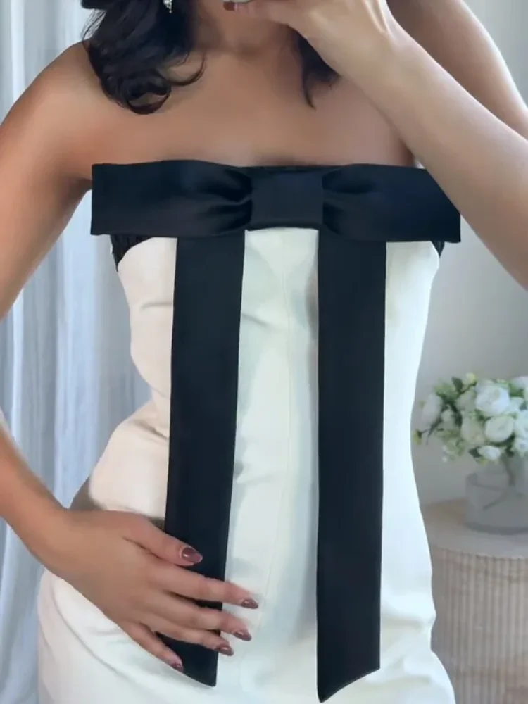 Vintage ärmelloses schulterfreies Röhrenoberteil mit Schleife, trägerlos, zum Binden, A-Linie, kurzes Kleid, Damen-Frühlings- und Sommer-Minikleid in Schwarz – Detail 7
