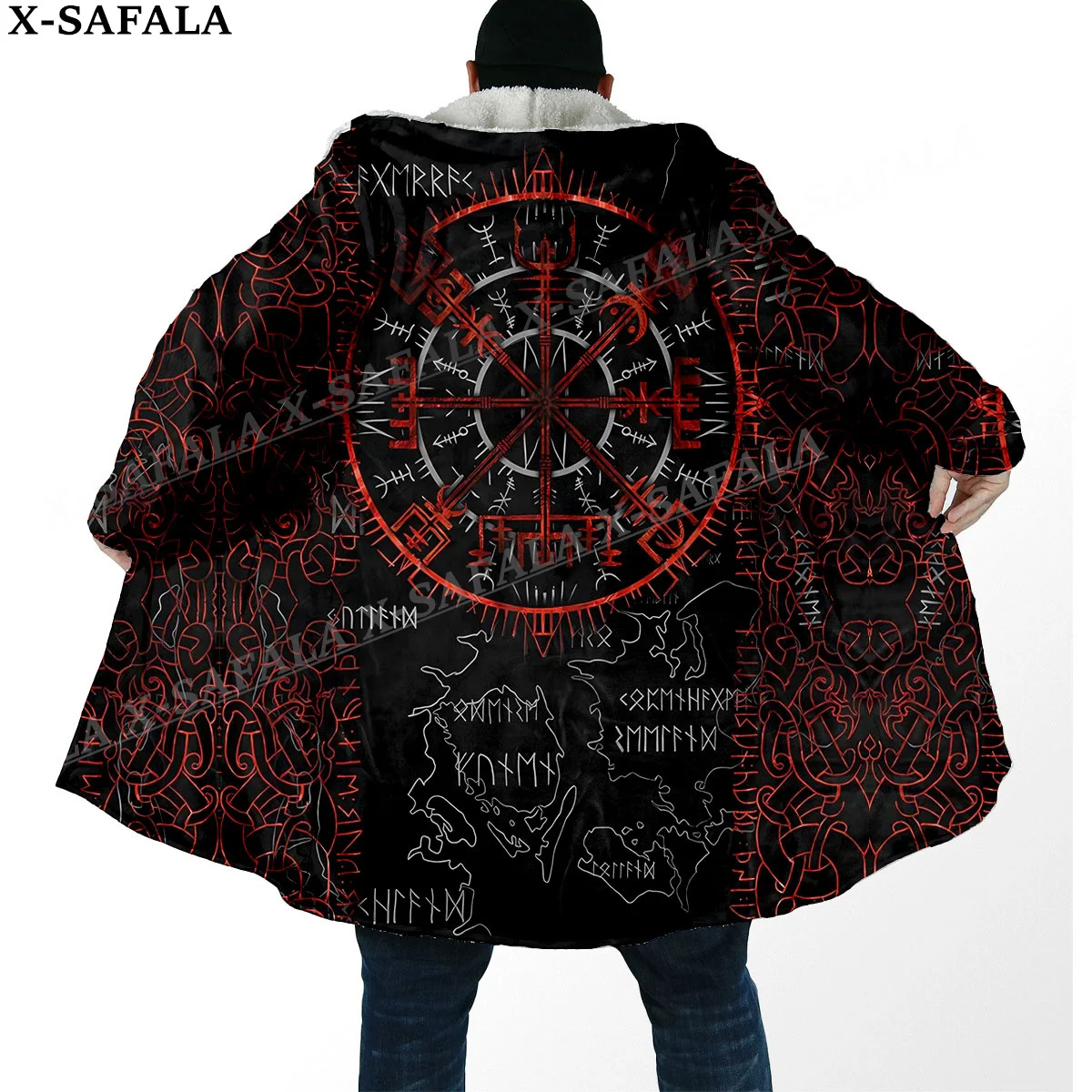 Mens Hooded Cloak Norse Mythology Vegvisir Viking Print Thick Warm Windproof Fleece Cape Robe Hooded Blanket-4
