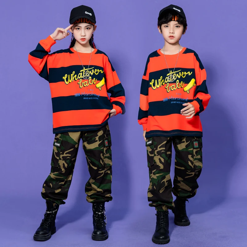 

Girls Hip Hop Stripe Sweatshirt Street Dance Joggers Pants Outfits Boys Streetwear Children Camo Pants Kids Jazz Kpop Costumes