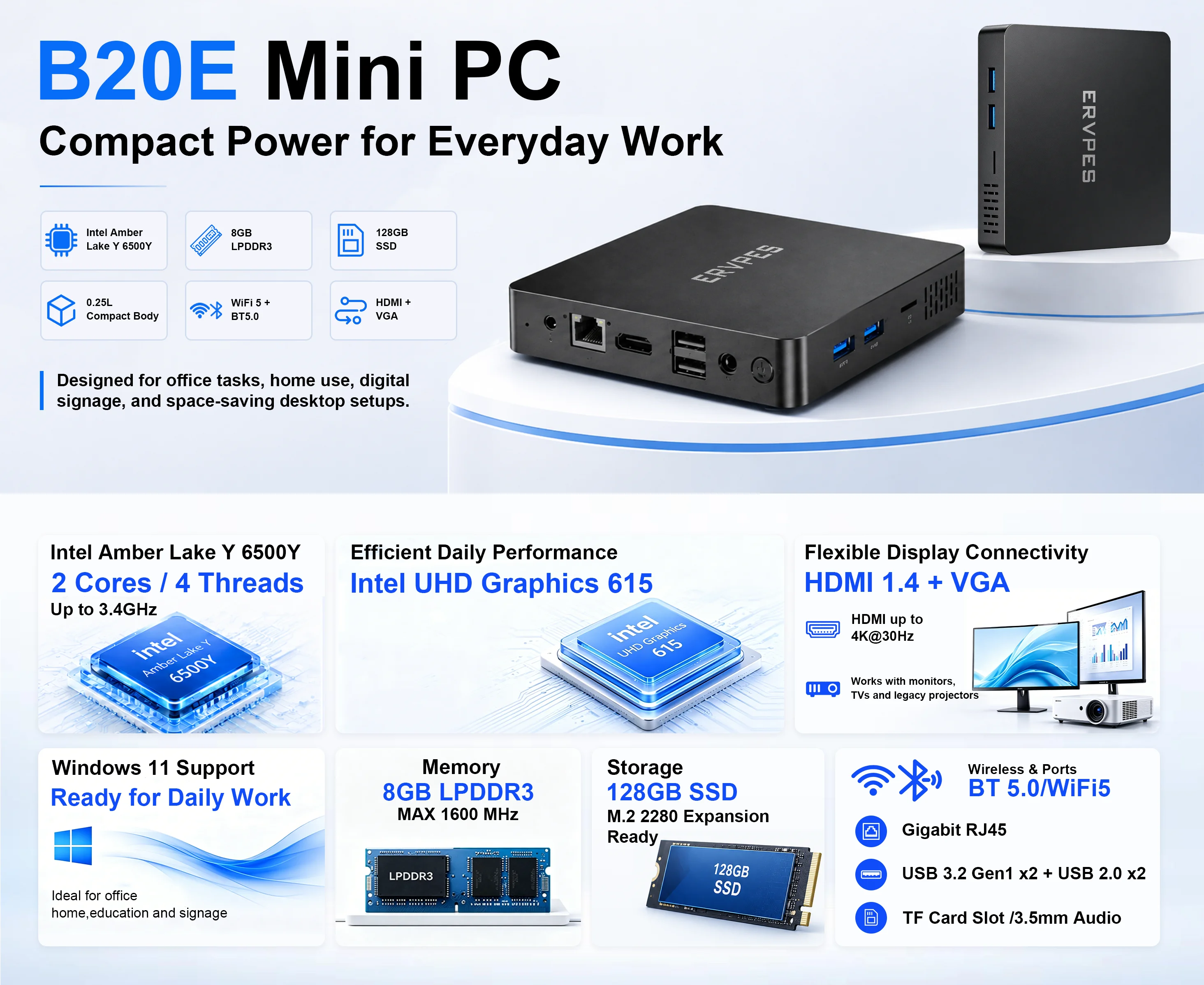Ervpes B20E Mini Pc 8Gb Ram 128Gb Ssd Intel 6500Y Windows 11 Bt5.0 Apollo Lake Desktop Micro Computer Dual Band Wi-Fi HDMI