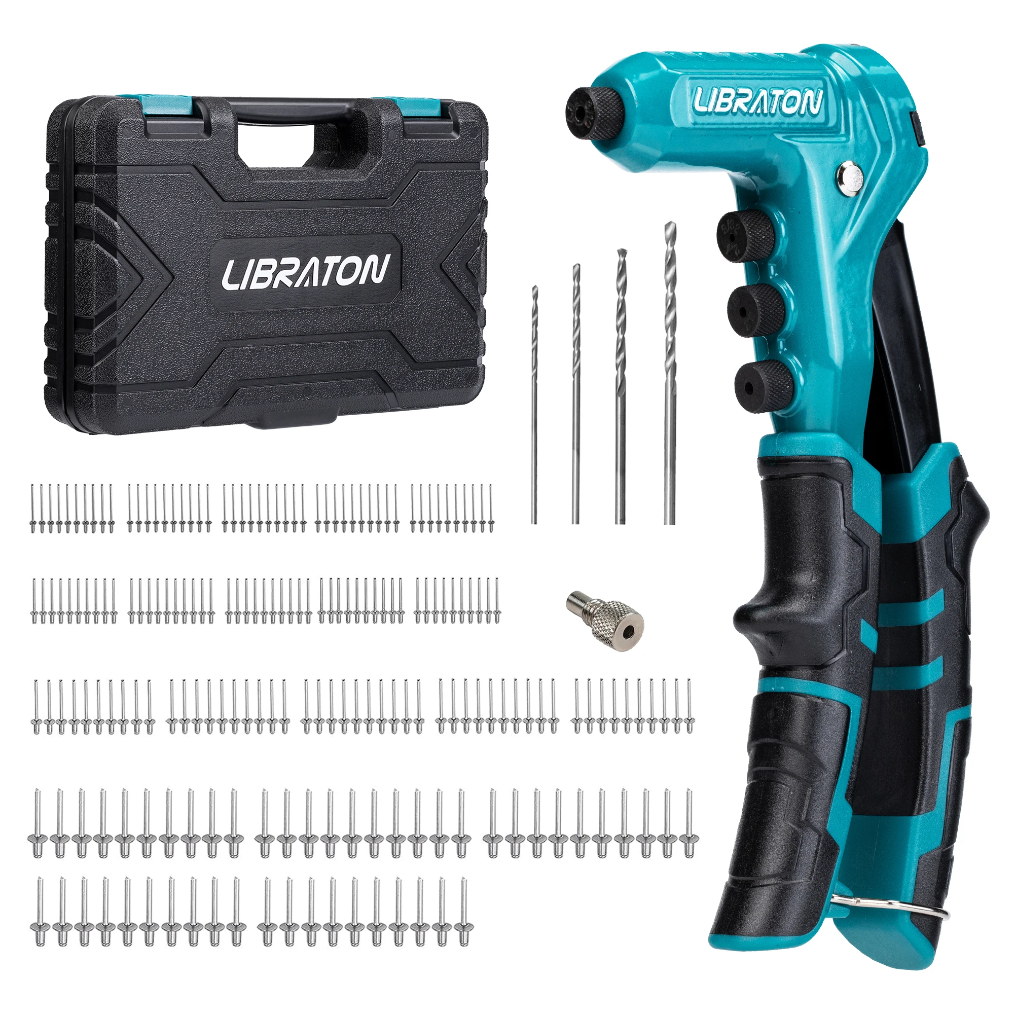 Rivet Gun Libraton One-Handed Pop Rivet Gun Set Professional Hand Riveter Manual Riveting Tool with 200 Rivets for Metal