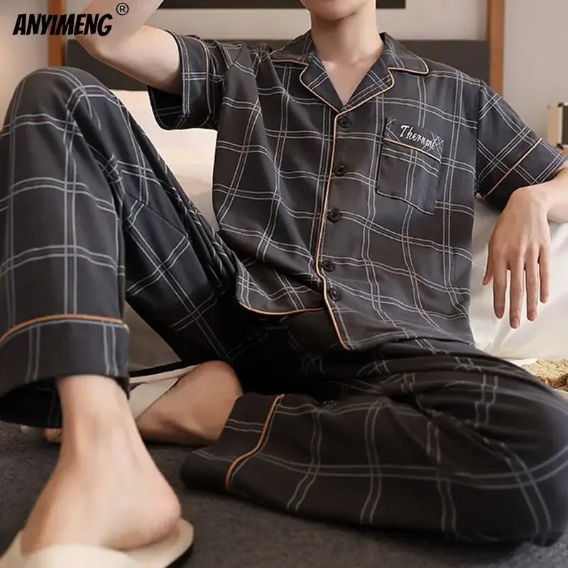 Pajama sets L-5XL Plus Size Mens Sleepwear Summer Short Sleeves Turn-down Collar Pajamas Set Gentleman Homewear Casual Cotton Pijamas