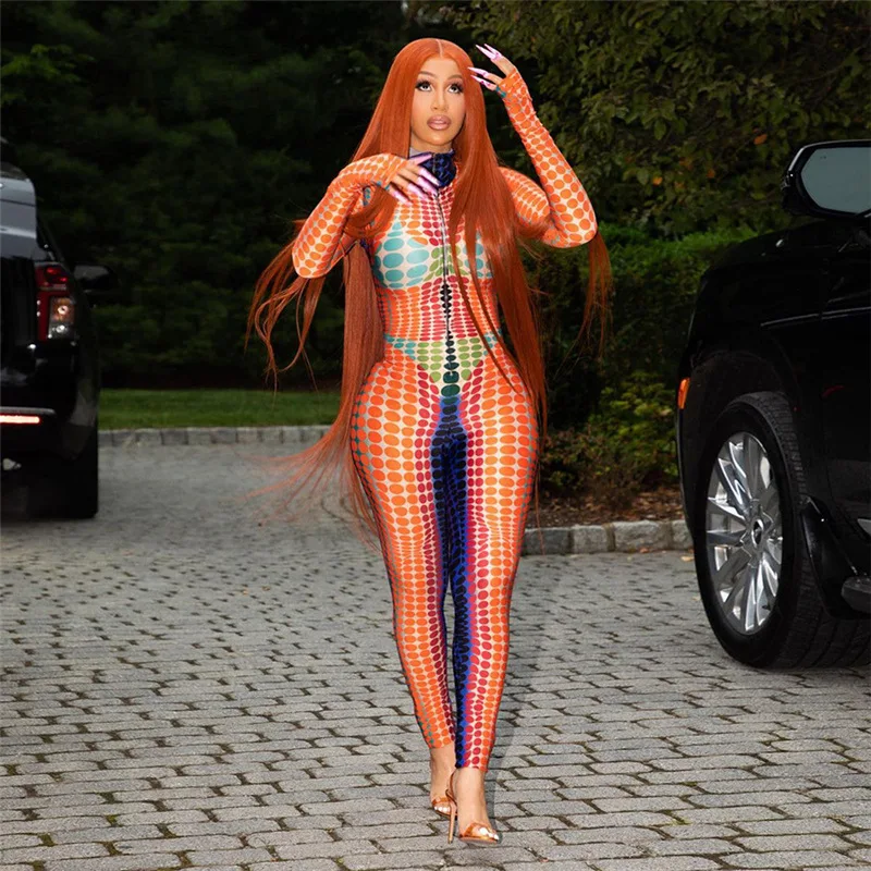 

Woman Long Sleeve Jumpsuit Polka Dot geometric Printed High Neck Casual Pencil Bodysuit S-L