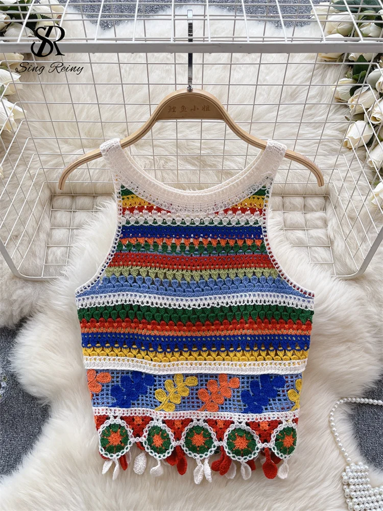 SINGREINY Bohemian Rainbow Knit Tops Y2k Hooked Flower Hollow Out Sleeveless Sweet Summer Women Holiday Beachwear Colorful Camis - Image 2
