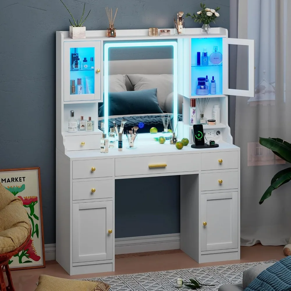 white makeup vanity desk with mirror and lights, large vanity table set with charging station, dressing table with rgb cabinets,