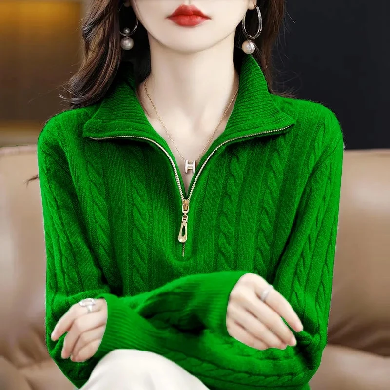 

New Knitting Sweater Women's 2023 Autumn Winter Zipper Solid Sweater Female Y2k Semi-High-Necked Long-Sleeved Pullover Warm Tops