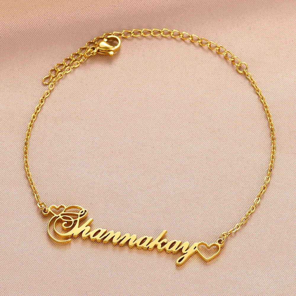 

Personalized Customized Name Bracelets For Women Men Heart Gold Color Stainless Steel Letter Bracelets Fashion Jewelry Pulseras