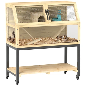 PawHut Hamster Cage, Wooden Gerbil Cage with Storage Shelf, Wheels, Hut, Seesaws, for Dwarf, Syrian, Gerbil