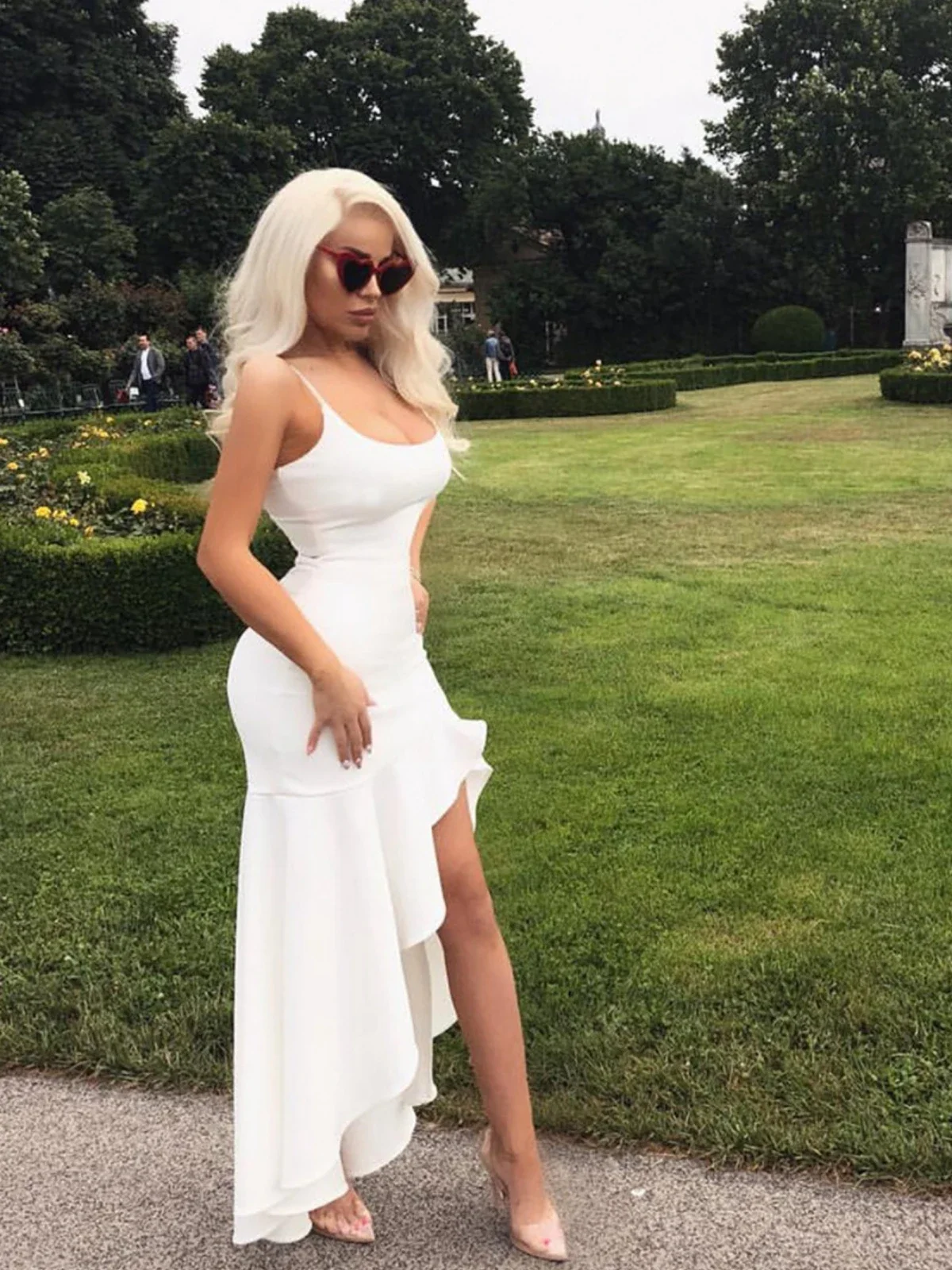 

Prom Party Dress Women's Summer Sexy Skinny Long Bodycon Dress Suspender Backless Ruffle Irregular платье Solid Color Elegant