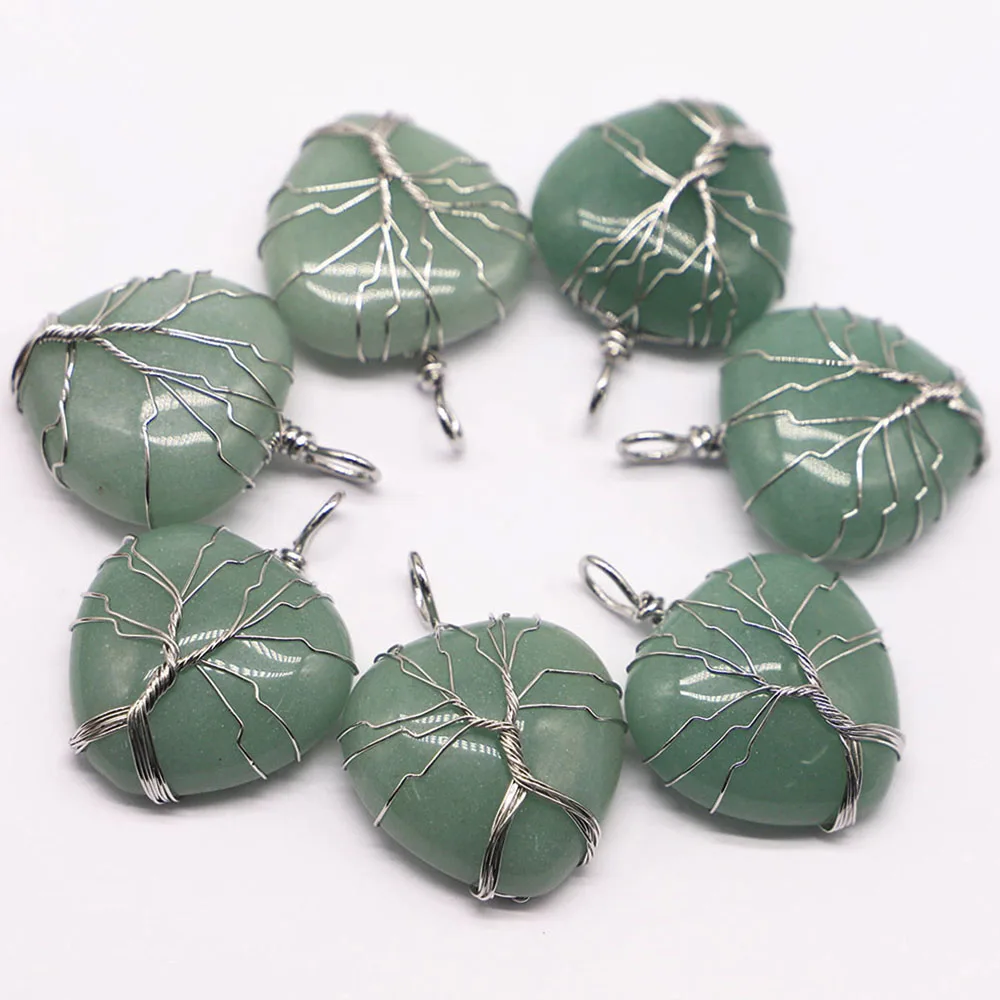 Natural Stone Green Dongling Love Pendant Women's Life Tree Hand Wrapped Silver Wire Necklace Jewelry Accessories Wholesale 5Pcs