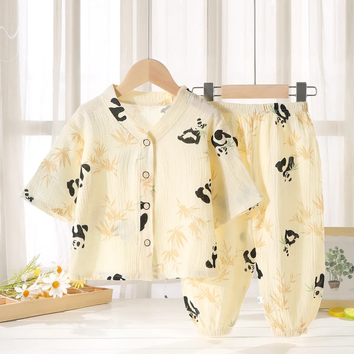 New 2024 Kids Summer Thin Pajamas Sets Boys Girls Cartoon Three-quarter Sleeve V-neck Cotton Yarn Shirt + Pants Baby Loungewear