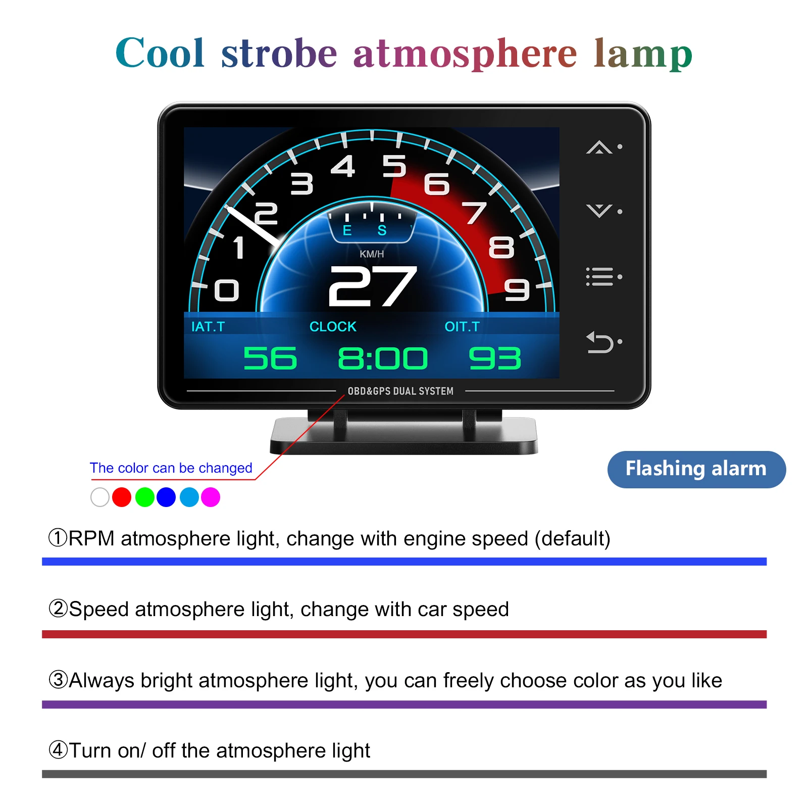 XS HUD 게이지 자동차 다기능 OBD+GPS 계기판 LED 스크린 속도계 터치 버튼 알람 기능 타입-C 연결