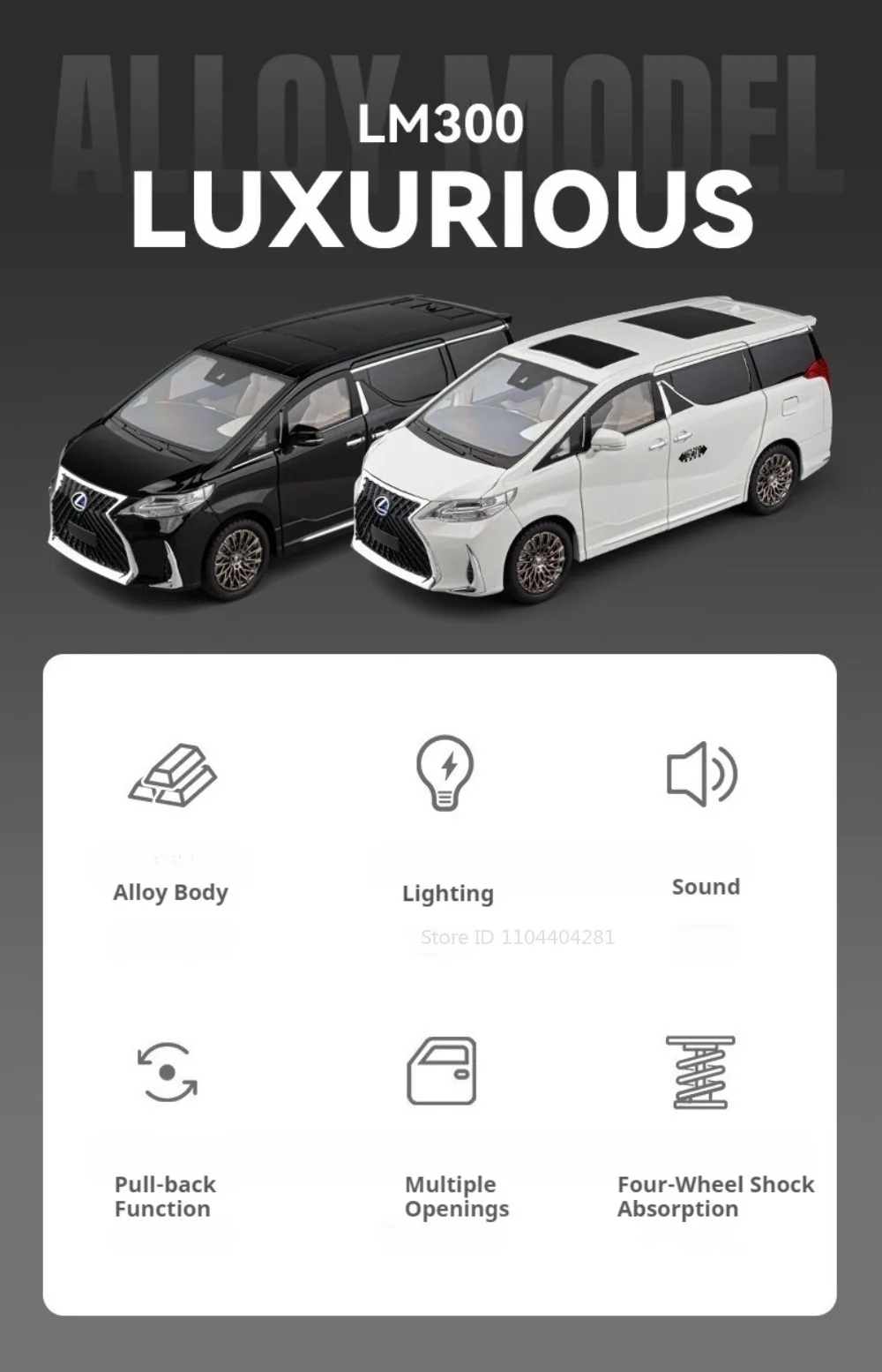 1:18 Vellfire LM300 Alloy MPV Model Diecast Car Toys Sound Light Pull Back Doors Opened Miniature Vehices Christmas Gift for Boy