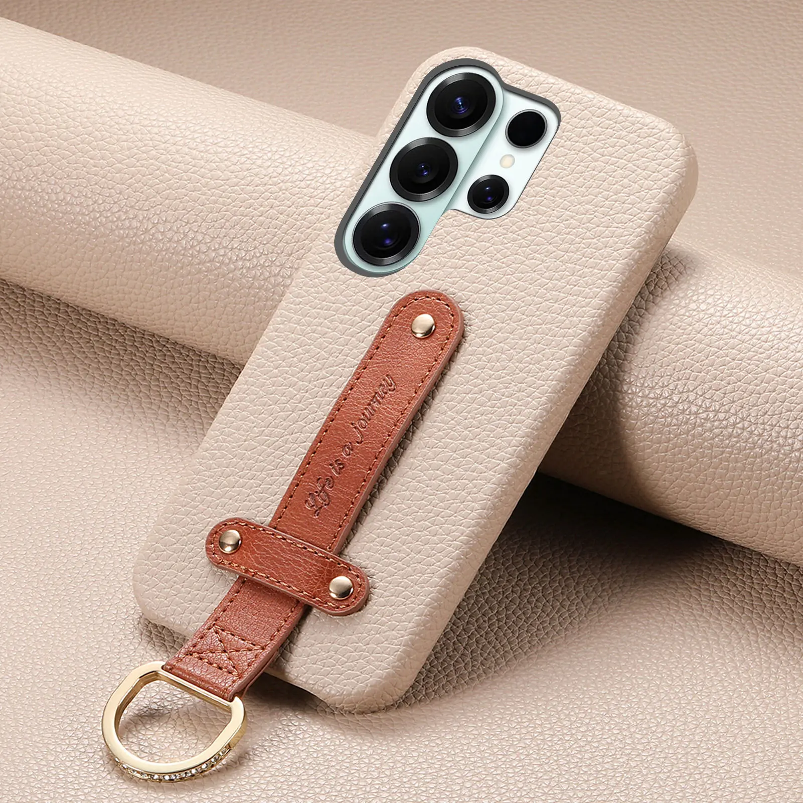 Lychee Textured Leather Wrist Strap Ring Holder Phone Case Cover