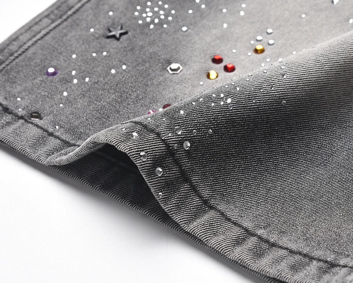 Vintage Color Rhinestone Print Washed Gray Baggy Jeans Shorts for Men Straight Casual Harajuku Loose Denim Trousers Oversized