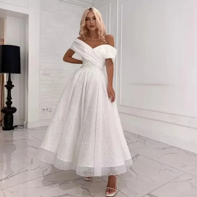 

Wakuta Tulle Prom Ball Dresses for Teens Off Shoulder Tea Length Formal Maxi Dress A Line Sparkly Ruched Gown robes de soirée