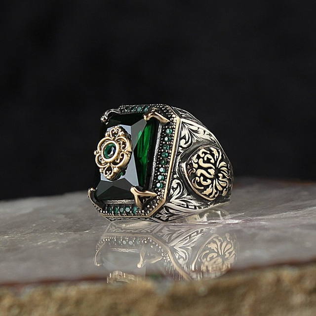Handmade Turkish Signet Ring for Men Vintage Silver Color Carving Pattern Inlay Green Zircon Party Punk Motor Biker Ring