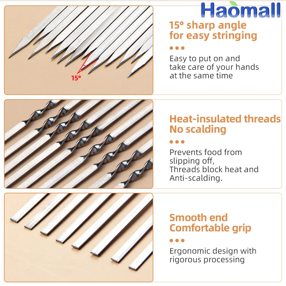 Barbecue Skewers Stainless Steel Barbecue Skewer Reusable BBQ Skewers Kebab Iron Stick For Outdoor Camping Picnic Cooking Tools