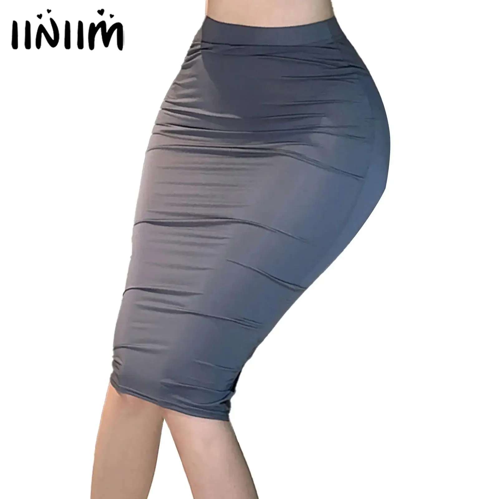 

Womens Semi See Through Bodycon Skirt Solid Color High Waist Elastic Waistband Keen Length Skirts nightclub skirts costume