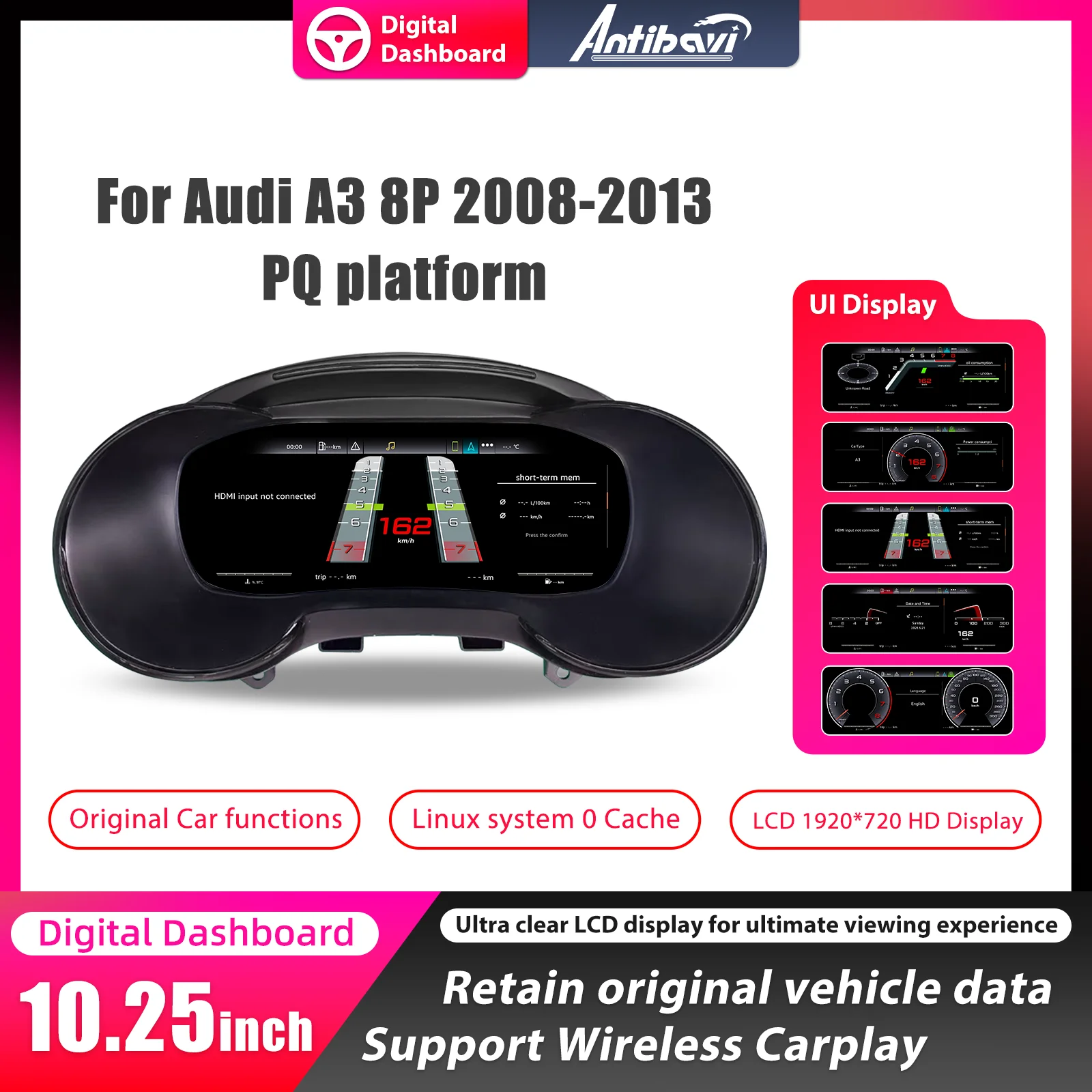 Panel de instrumentos digital para Audi A3 8P años 2008-2013 plataforma PQ, cabina virtual, velocímetro. 1