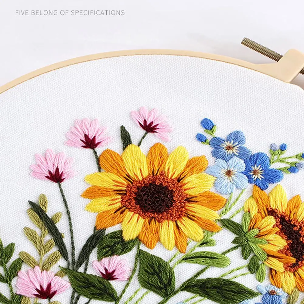 Embroidery Kits Beginners Hand Embroidery Colorful Flower Plant Diy Hoops Needles Threads Punch Needle