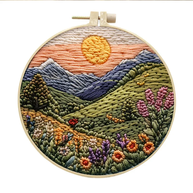 Beautiful Embroidery Paintings Landscape Flowers and Birds Pattern DIY Embroidery Materials with 15cm Round Frame
