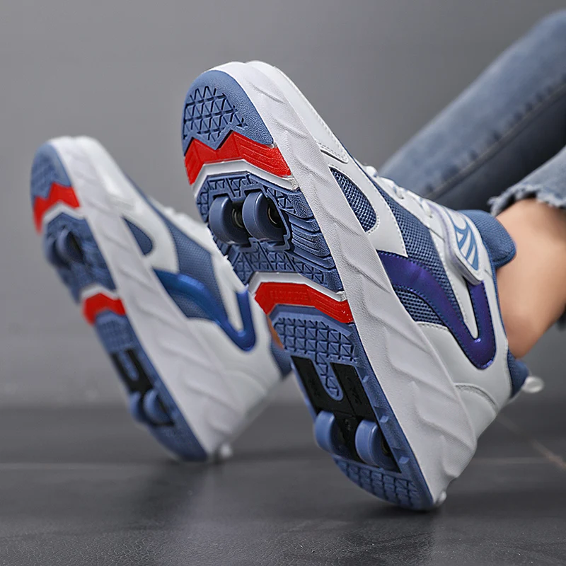 

2023 Hot Sale Student Double Row Wheeled Pulley Shoes Mesh Red Step Retractable Sports Ice Skate Kids Boy Walking Shoes Sneakers