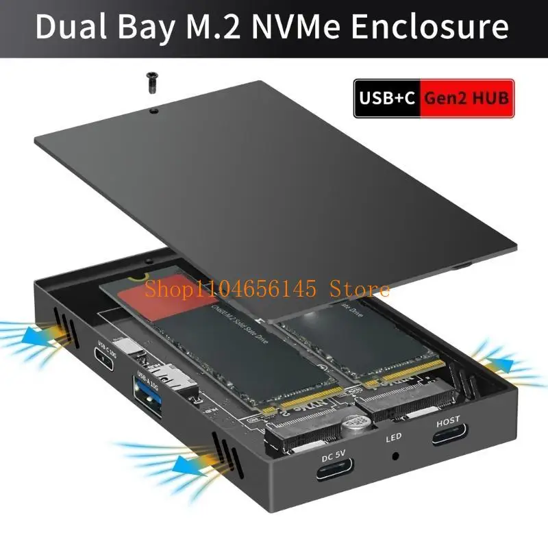 652F 더블 베이 M.2 NVMe SSD 인클로저 도크 10Gbps USB3.1 Gen2 전송 속도 알루미늄