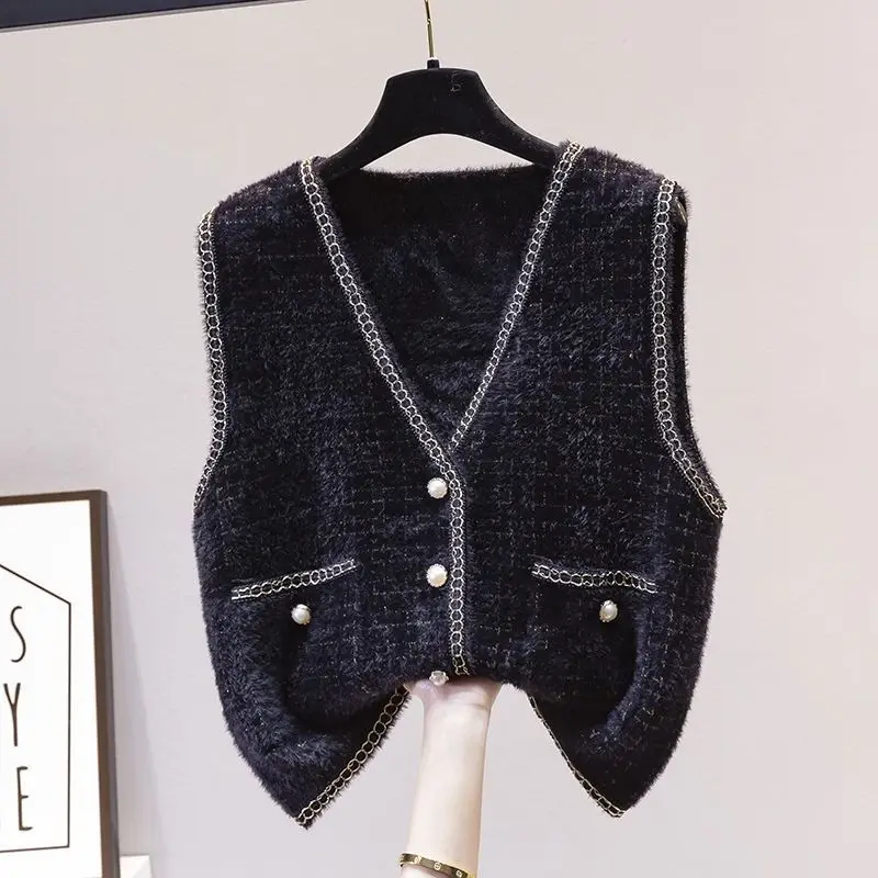 Autumn Winter New Women\'s Mink Velvet Knitted Vest Fashion Elegant V-Neck Button Pockets Versatile Loose Commute Coats Tops