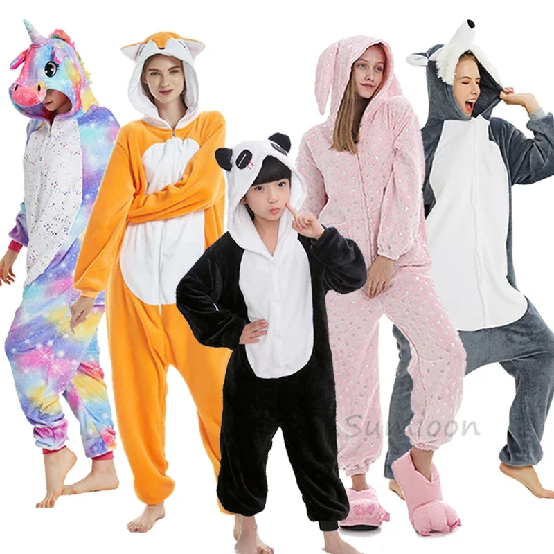 Kigurumi Panda Animal Adults Unicorn Onesies Pajamas Flannel Boy Girl Unicornio Sleepwear Kids Pyjamas Licorne Cosplay Costumes