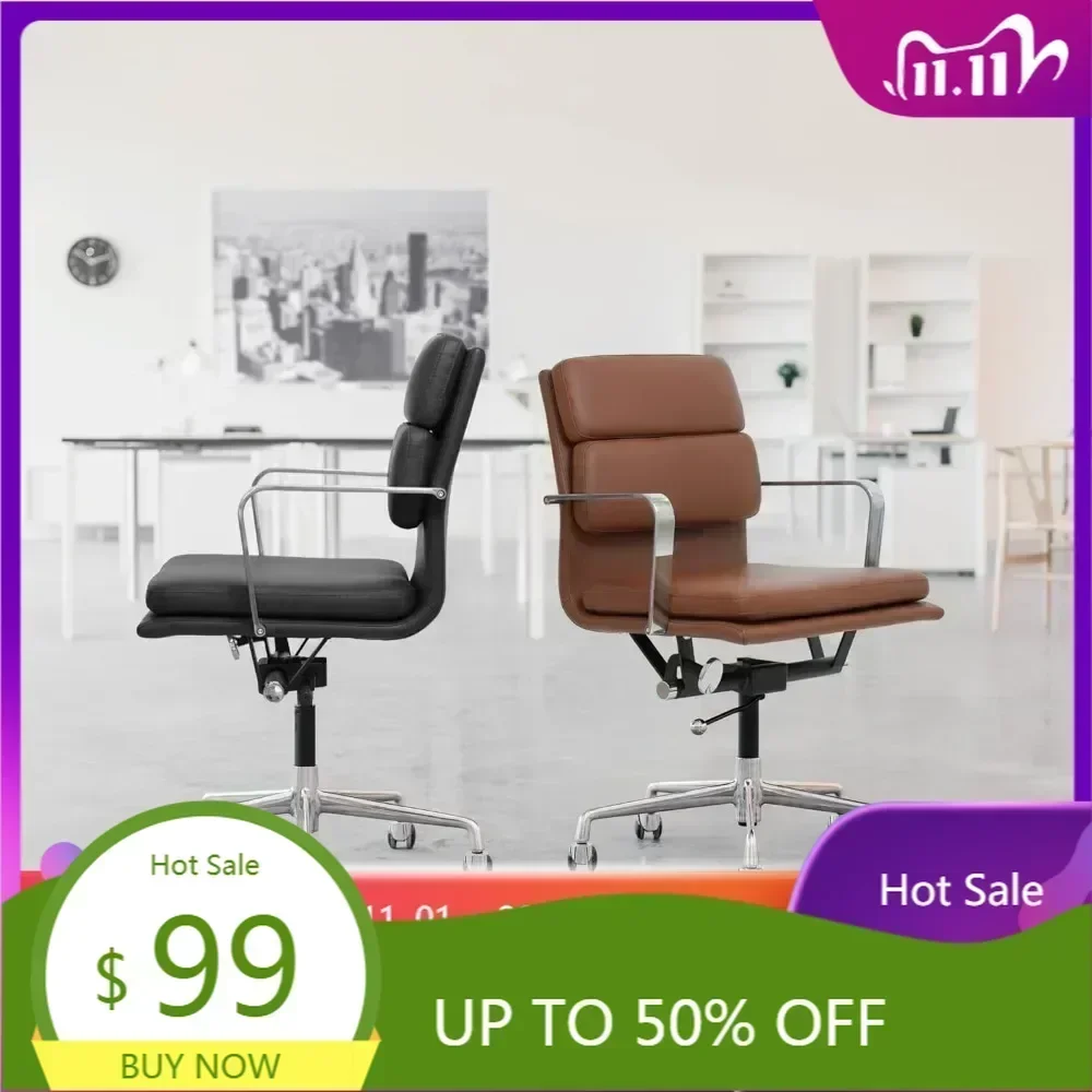 "mid-back ergonomic office chair with padded seat, swivel, and armrests - faux leather desk chair"