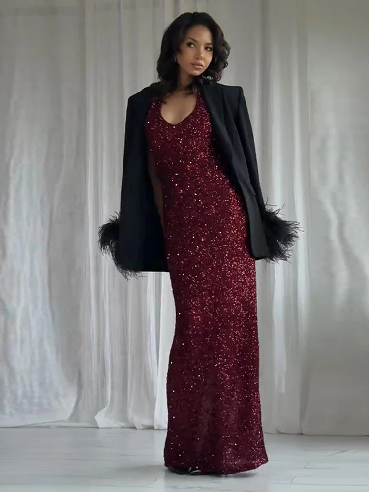Elegant Trendy Sequin Halter-Neck Maxi Dress