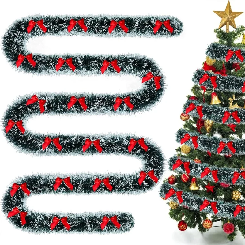 2M Christmas Tinsel Garland with Bows - Green Cane Ribbon for Xmas Tree Decor, DIY Wreath &Gift Wrapping, Vintage Glitter Party