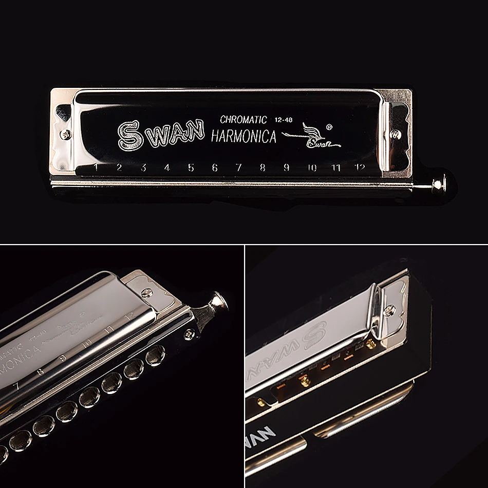 Swan 12 Holes 48 Tones Chromatic Harmonica C Key with Stainless Steel Cover for Adults, Professional Band Players, Students