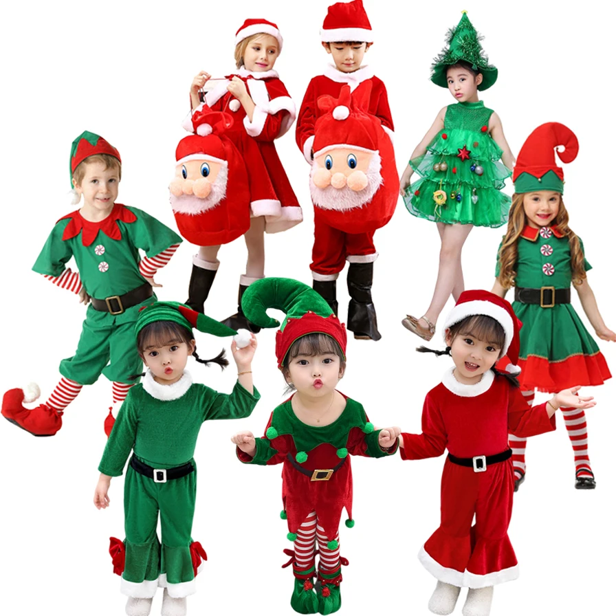 Boys Girls Christmas Costume Festival Santa Clause Green Elf for Baby Kids New Year Children Clothing Set Fancy Xmas Party Dress