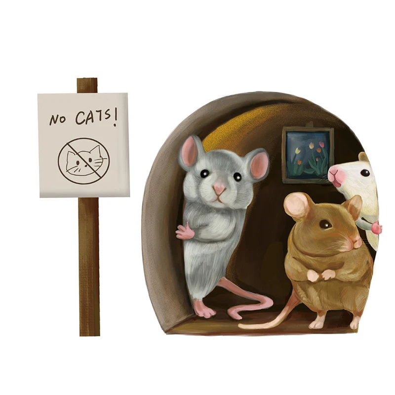 T8# Realistic Three Mice in A Hole Wall Decal Fun No Cat Art Animal Stickers for Home Decor Living Room Bedroom Kids Room