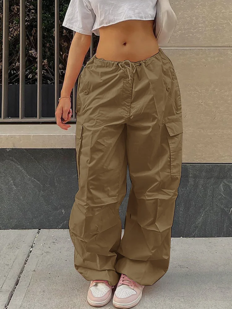 Cargo Pants Women Parachute Drawstring Cinch Bottom Pockets Casual Baggy Pant Black White Streetwear Fashion All-match Pantalon
