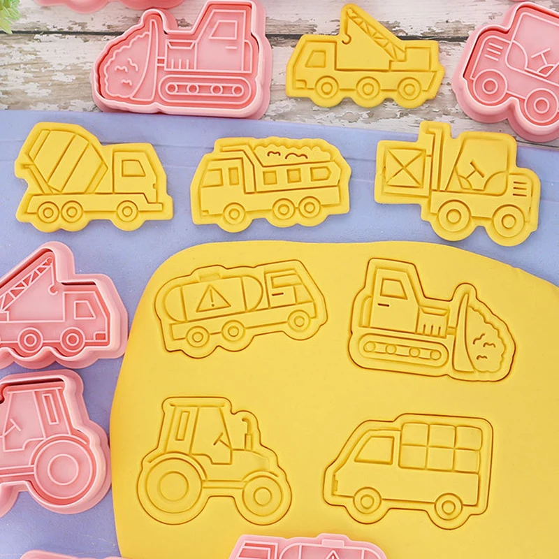 8 teile/satz Engineering Lkw Ausstechformen Kunststoff 3D Cartoon Pressbare Keks Form Kinder Junge Bulldozer Geburtstag Party Dekoration – Detail 5