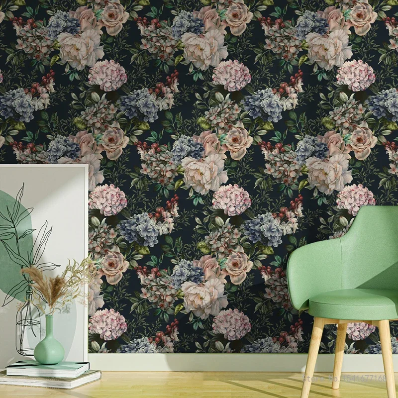 Creative Dark Black Flowers Plants PVC Retro Self-adhesive Wallpaper Living Room, 45cm * 300cm, Removable Renovation Murals, 1Pc