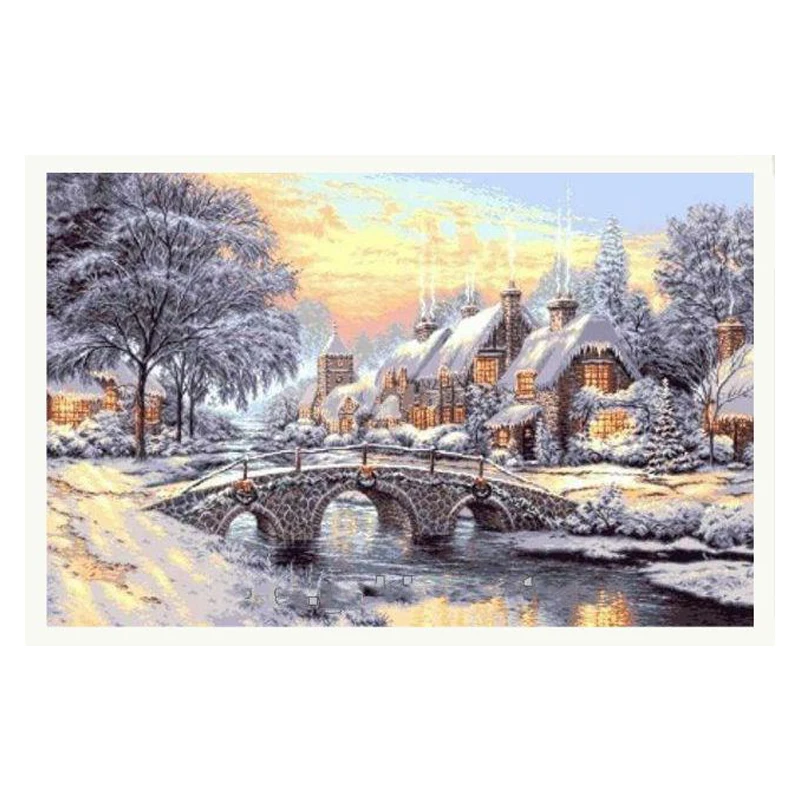 

Amishop Gold Collection Counted Cross Stitch Kit Winter Sunset Of Country Village Bridge Scenery Embroidery Goblenset 993